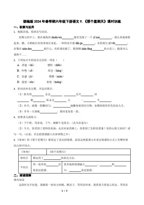 部编版2024年春季期六年级下册语文9.《那个星期天》课时训练