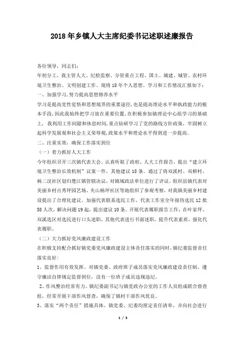 乡镇人大主席纪委书记述职述廉报告