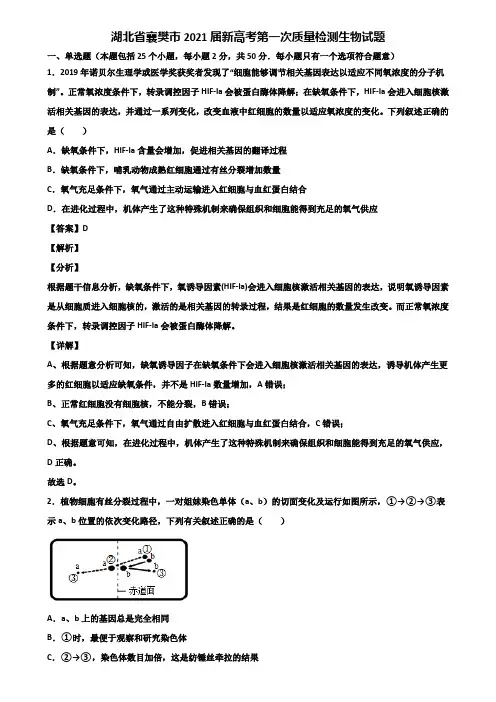 湖北省襄樊市2021届新高考第一次质量检测生物试题含解析