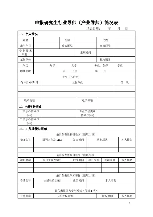 申报研究生行业导师(产业导师)简况表