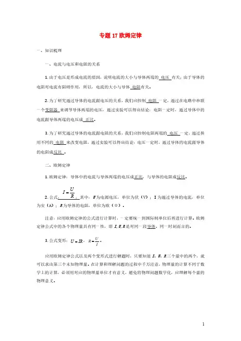 2020-2021学年九年级物理寒假辅导讲义与练习专题17欧姆定律讲义含解析