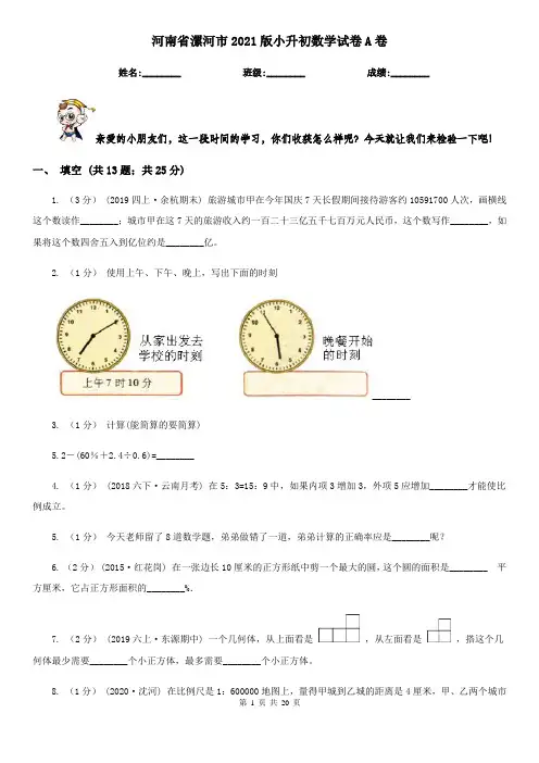 河南省漯河市2021版小升初数学试卷A卷