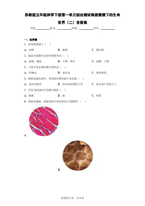 苏教版五年级科学下册第一单元综合测试卷显微镜下的生命世界(二)含答案