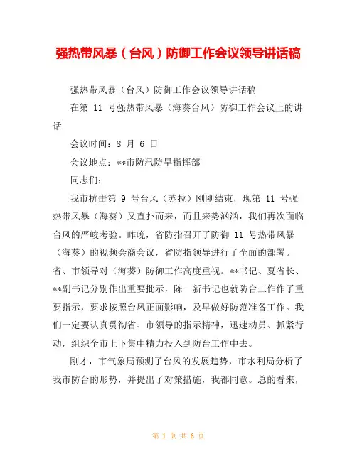 强热带风暴(台风)防御工作会议领导讲话稿
