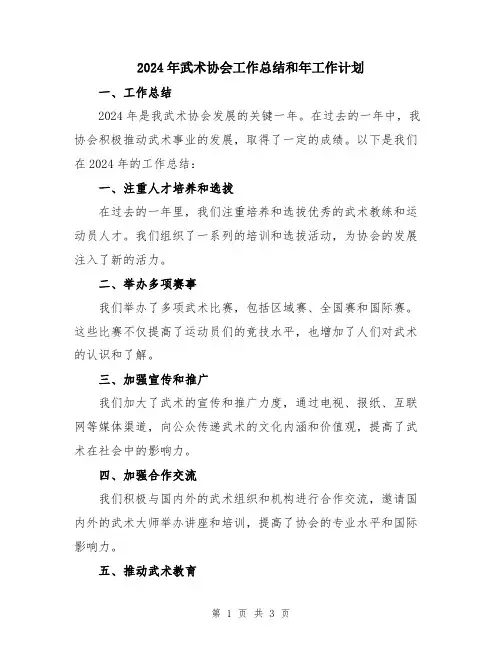 2024年武术协会工作总结和年工作计划