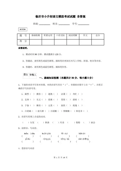 临沂市小升初语文模拟考试试题-含答案