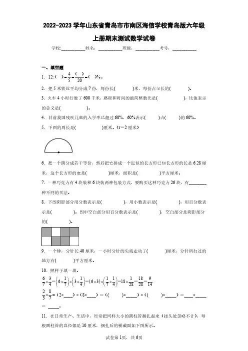 2022-2023学年山东省青岛市市南区海信学校青岛版六年级上册期末测试数学试卷(含答案解析)