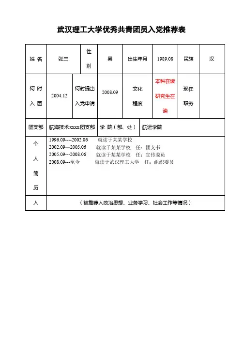 武汉理工大学优秀共青团员入党推荐表(样表)