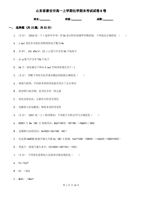 山东省泰安市高一上学期化学期末考试试卷B卷