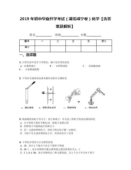 2019年初中毕业升学考试(湖北咸宁卷)化学【含答案及解析】