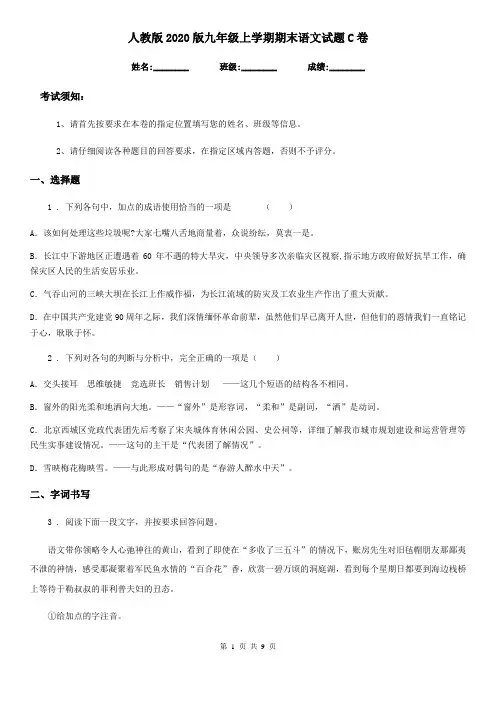 人教版2020版九年级上学期期末语文试题C卷新版