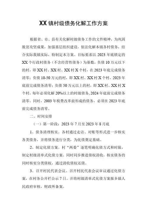 XX镇村级债务化解工作方案