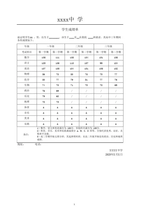 2(模板)高中-成绩单-中文