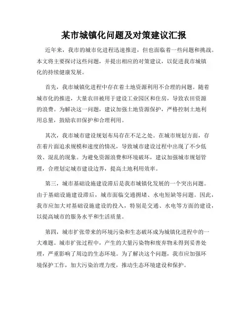 某市城镇化问题及对策建议汇报