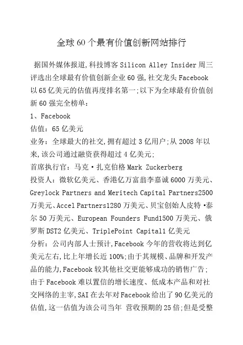 全球个最有价值创新网站排行