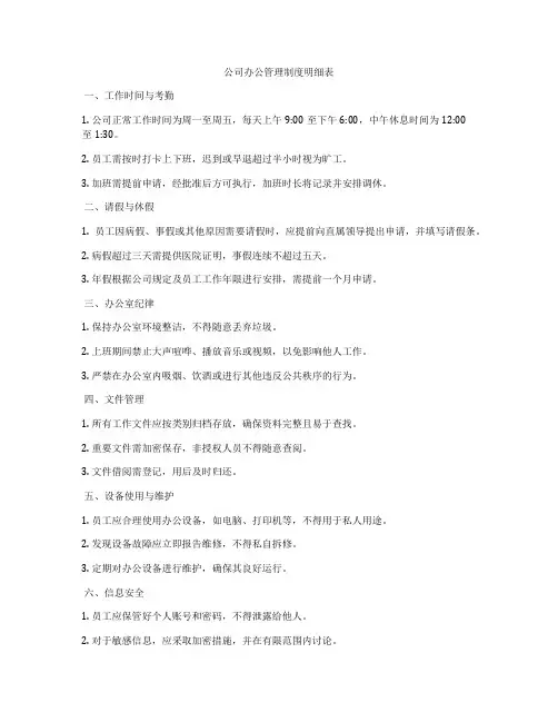 公司办公管理制度明细表