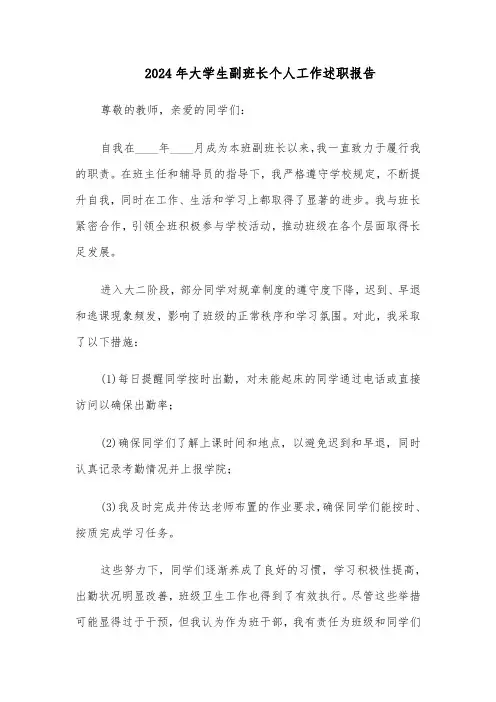 2024年大学生副班长个人工作述职报告（五篇）