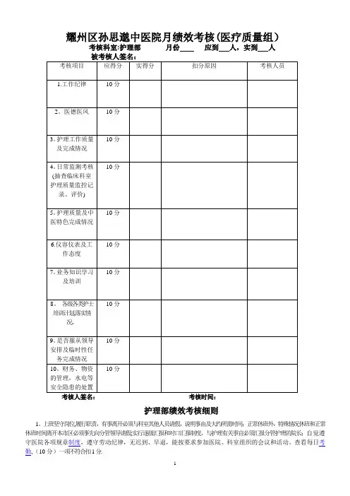 护理部考核表及细则