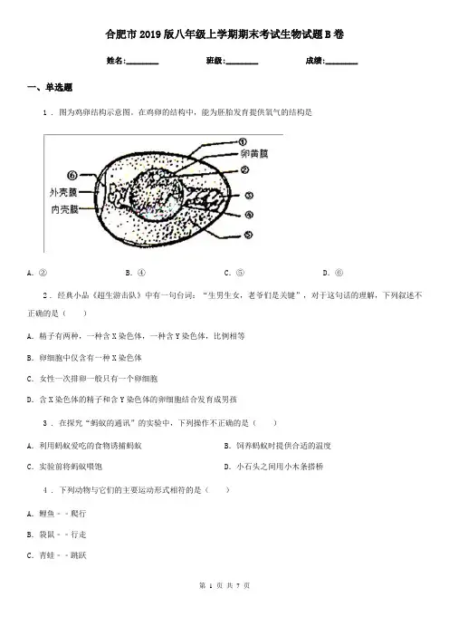 合肥市2019版八年级上学期期末考试生物试题B卷-1