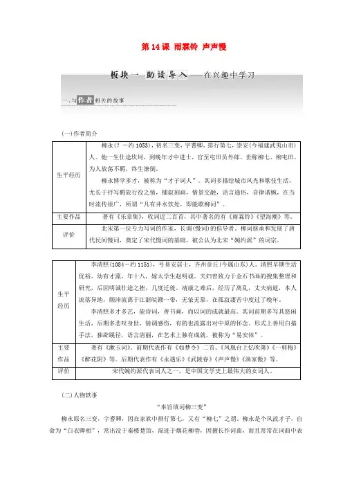 高中语文第三专题第课雨霖铃声声慢教学案苏教版必修4 Word版含答案4