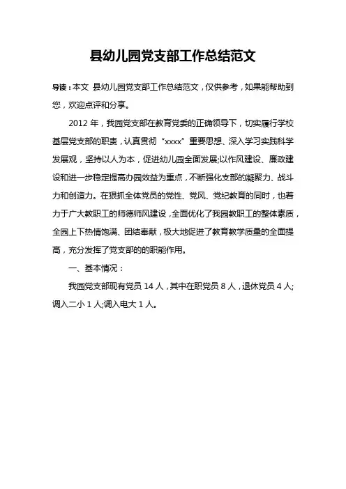 县幼儿园党支部工作总结范文