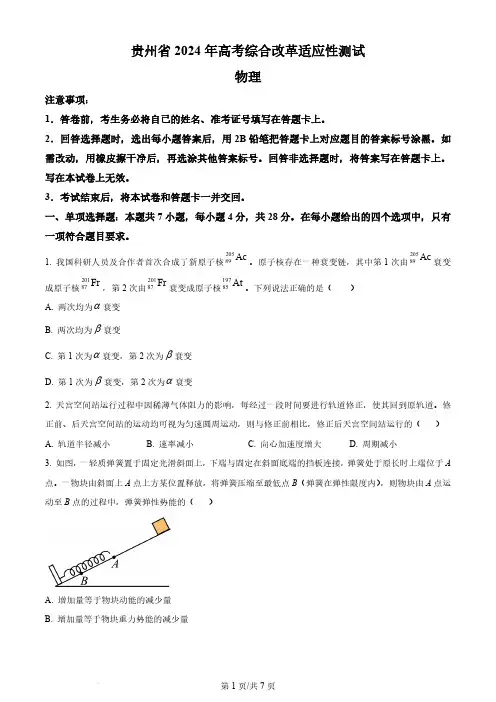 九省联考2024年贵州省普通高等学校招生考试适应性测试物理试题及答案