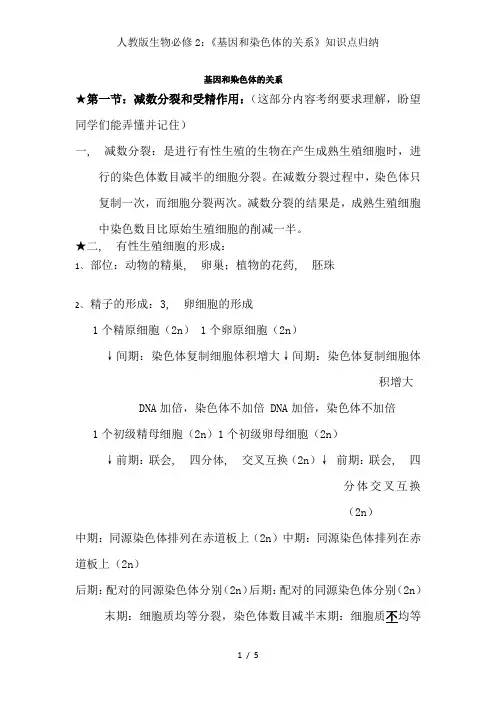 人教版生物必修2：《基因和染色体的关系》知识点归纳