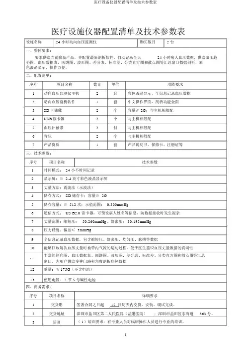 医疗设备仪器配置清单及技术参数表