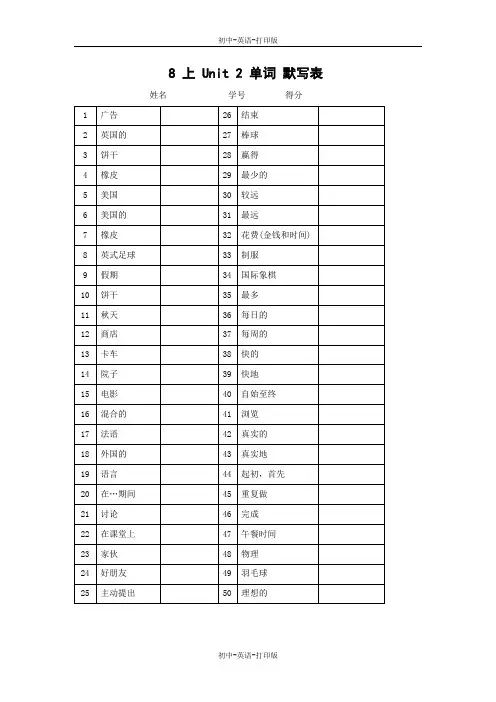 牛津译林版-英语-八上-2单元 School life单词默写表