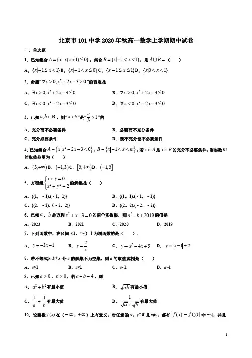 北京市101中学2020年秋高一数学上学期期中试卷附答案解析