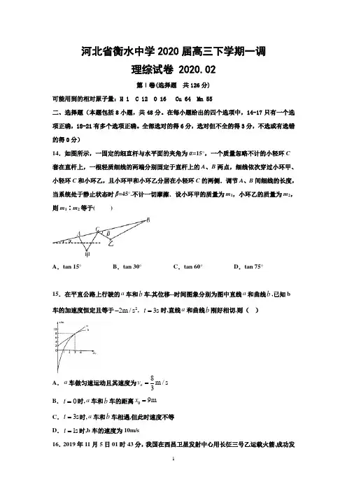 河北省衡水中学2020届高三下学期一调物理试题 Word版含答案