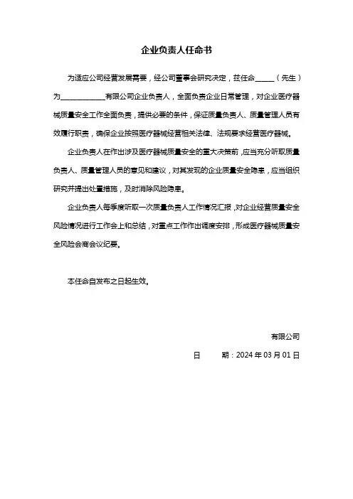 企业负责人任命书2024