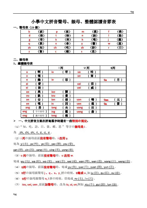 小学汉语拼音声母、韵母、整体认读音节表