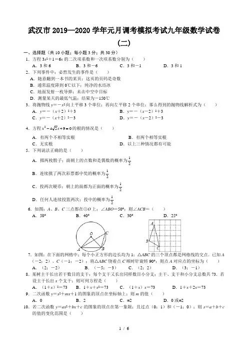 武汉市2019—2020学年元月调考模拟考试九年级数学试卷(二)