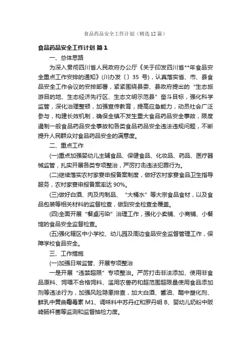 食品药品安全工作计划（精选12篇）