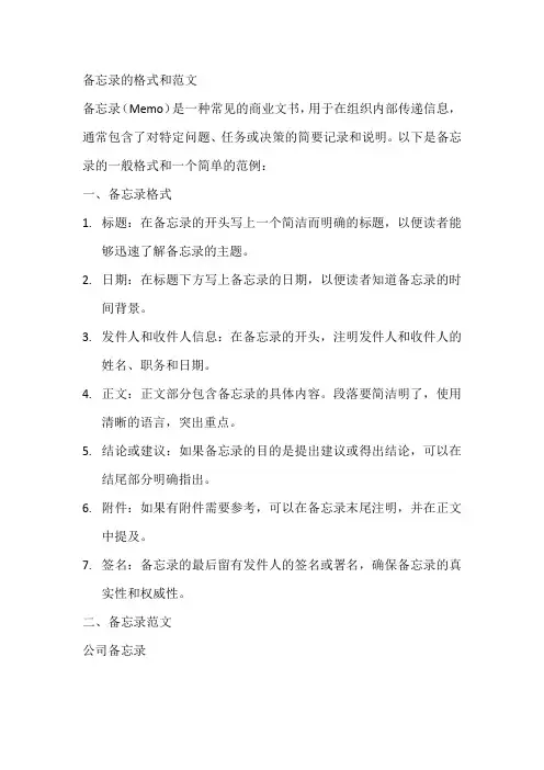 备忘录的格式和范文