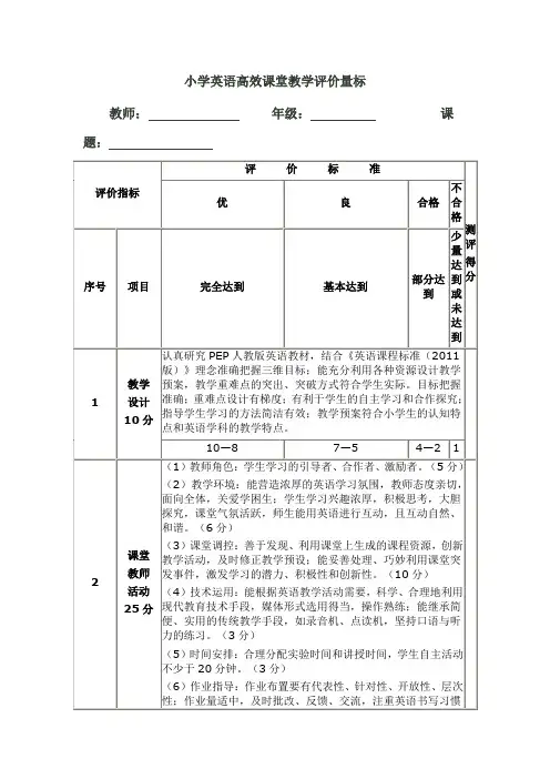 小学英语高效课堂教学评价量表