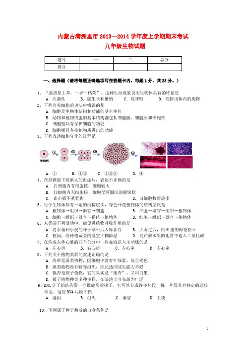 内蒙古满洲里市九年级生物上学期期末考试试题 新人教版
