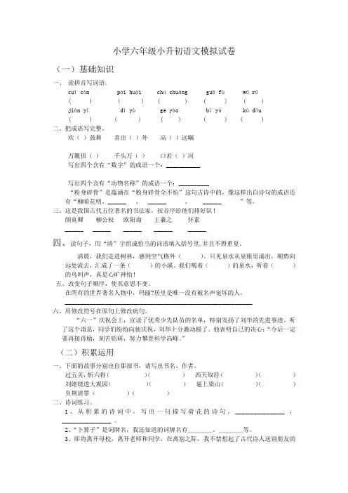 小学六年级小升初语文模拟试卷