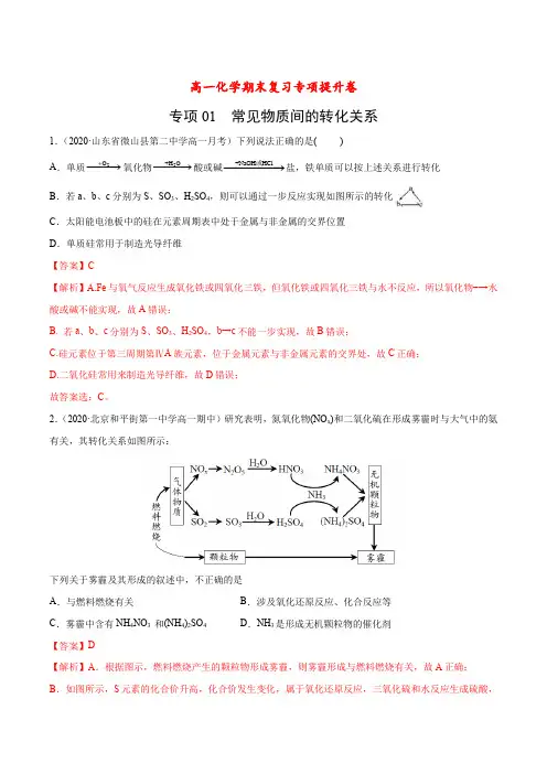 人教版高中化学必修二高一专项01 常见物质间的转化关系(解析版)