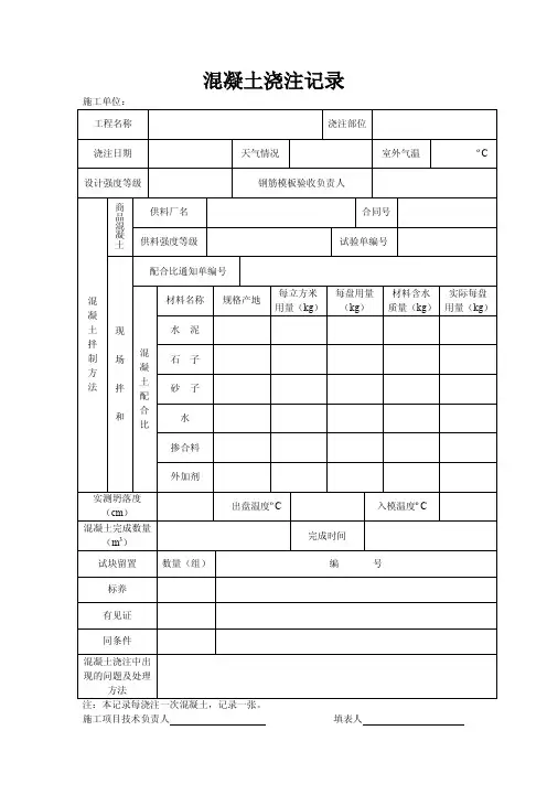 混凝土浇筑记录表