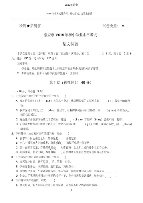 【2020年中考真题系列】2020年山东省泰安市中考语文真题试卷及答案