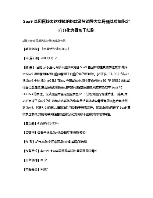 Sox9基因真核表达载体的构建及其诱导大鼠骨髓基质细胞定向分化为骨骺干细胞