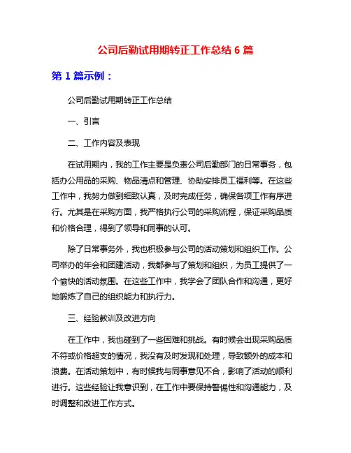 公司后勤试用期转正工作总结6篇