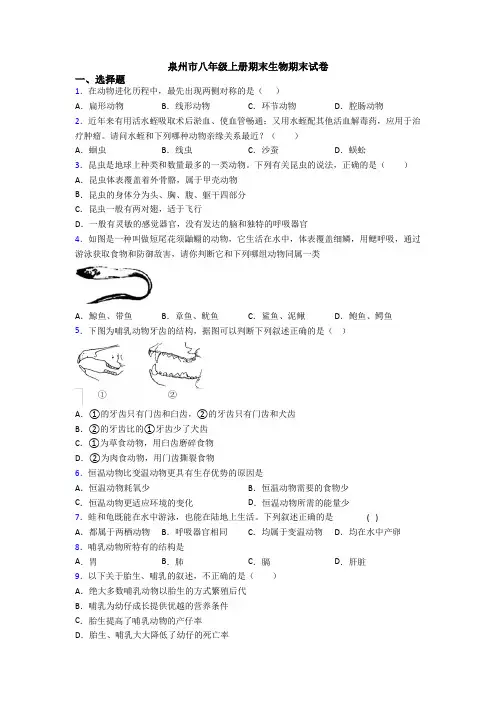 泉州市八年级上册期末生物期末试卷