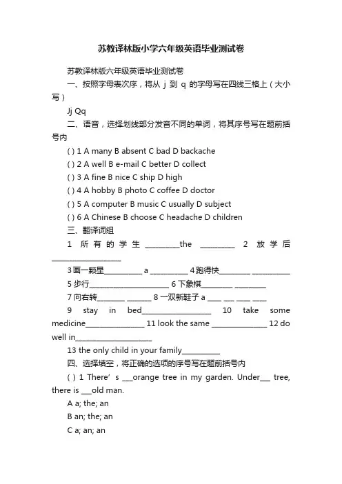 苏教译林版小学六年级英语毕业测试卷
