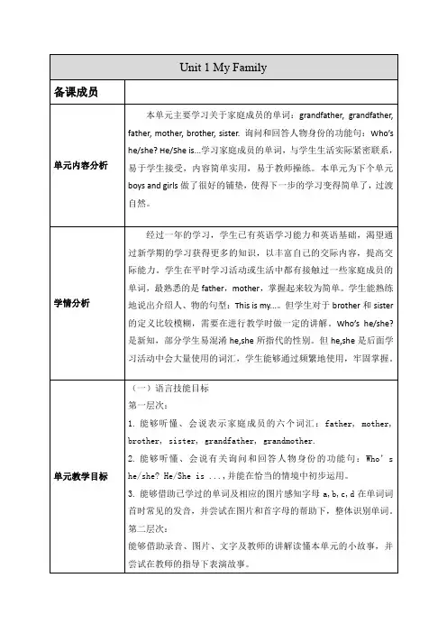 人教版新起点小学英语二年级上册Unit 1 My Family教学设计教案
