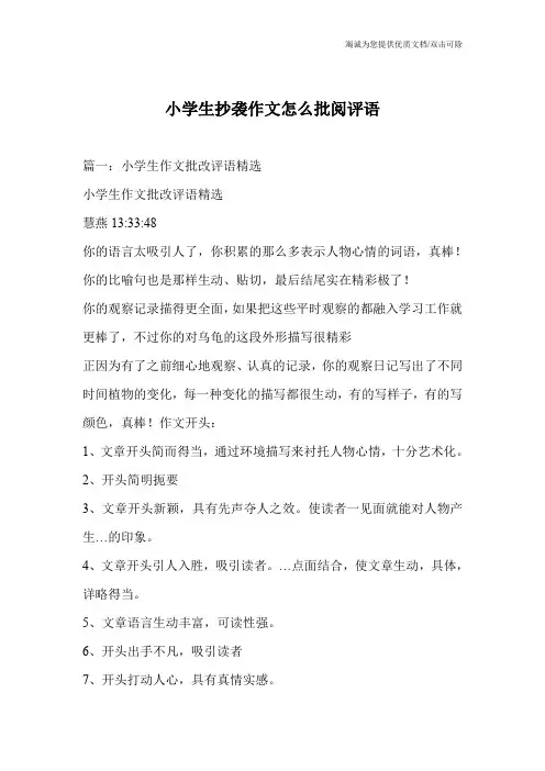小学生抄袭作文怎么批阅评语