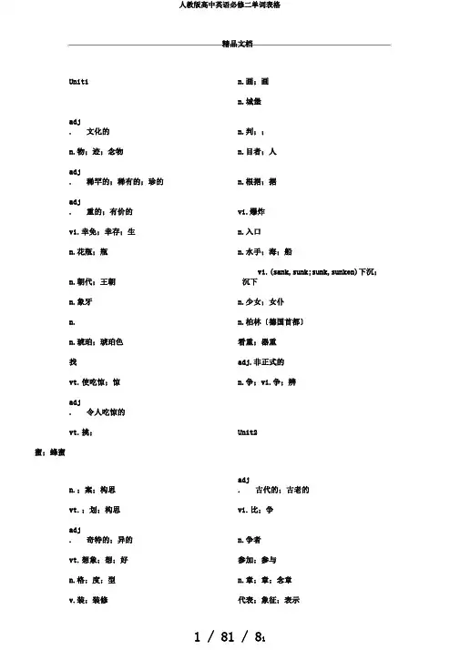 人教版高中英语必修二单词表格
