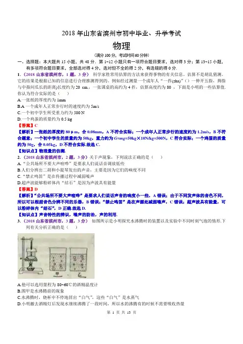 2018山东滨州中考物理解析 